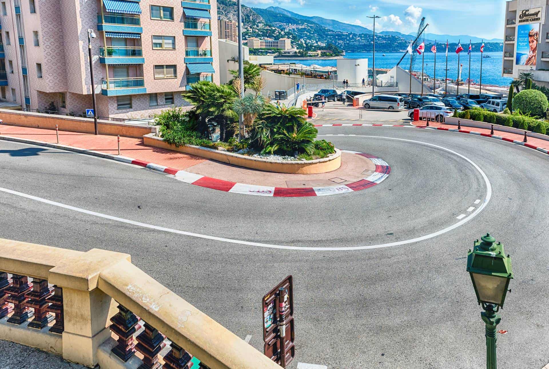 The Fairmont Hairpin, one of the most famous sections of the Monaco F1 Grand Prix circuit, located in Monte Carlo, Monaco.