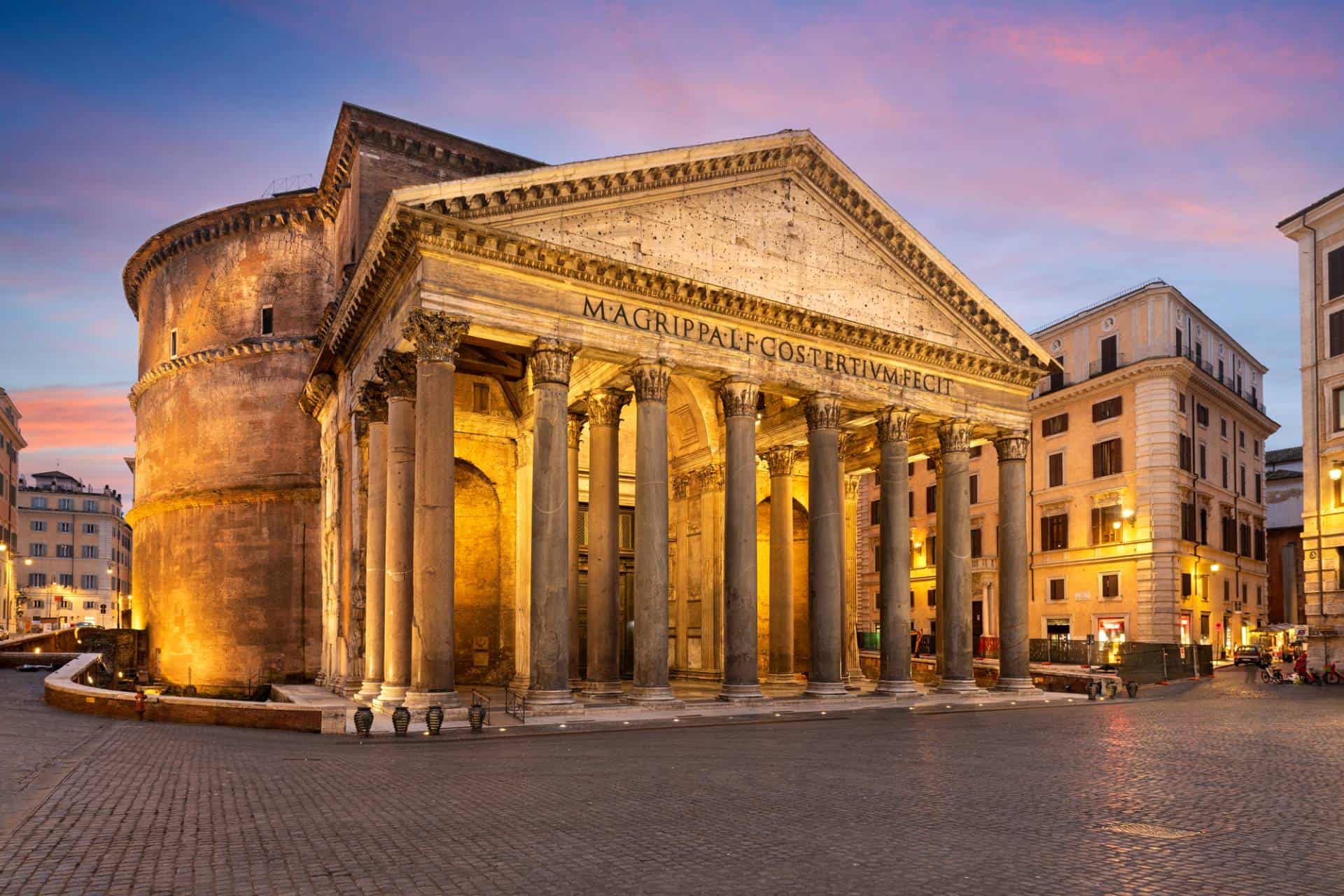 Corinthian columns of The Pantheon, an ancient Roman Temple in Rome, Italy.
