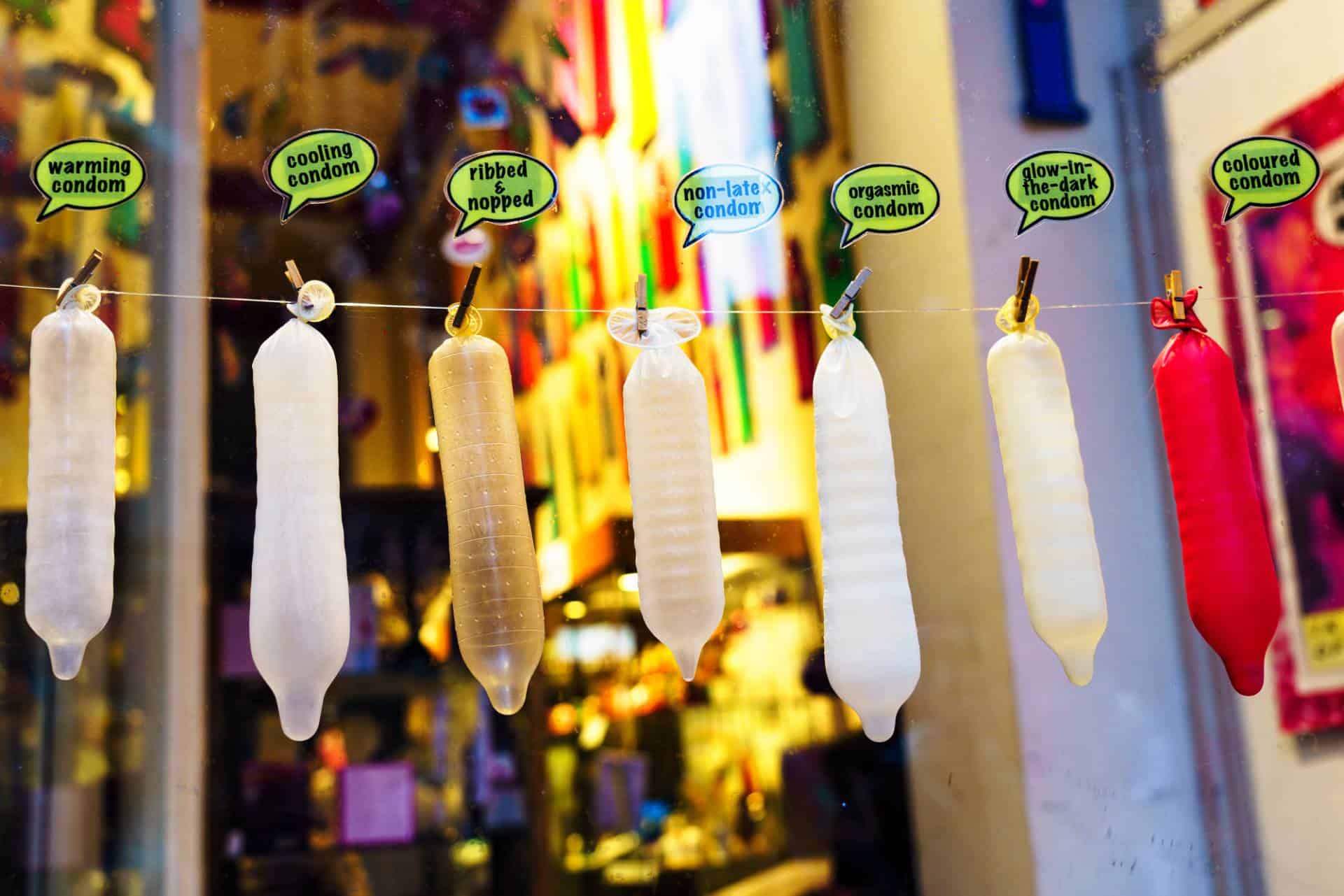 All kinds of condoms on display at a condom shop in Amsterdam's Red Light District.