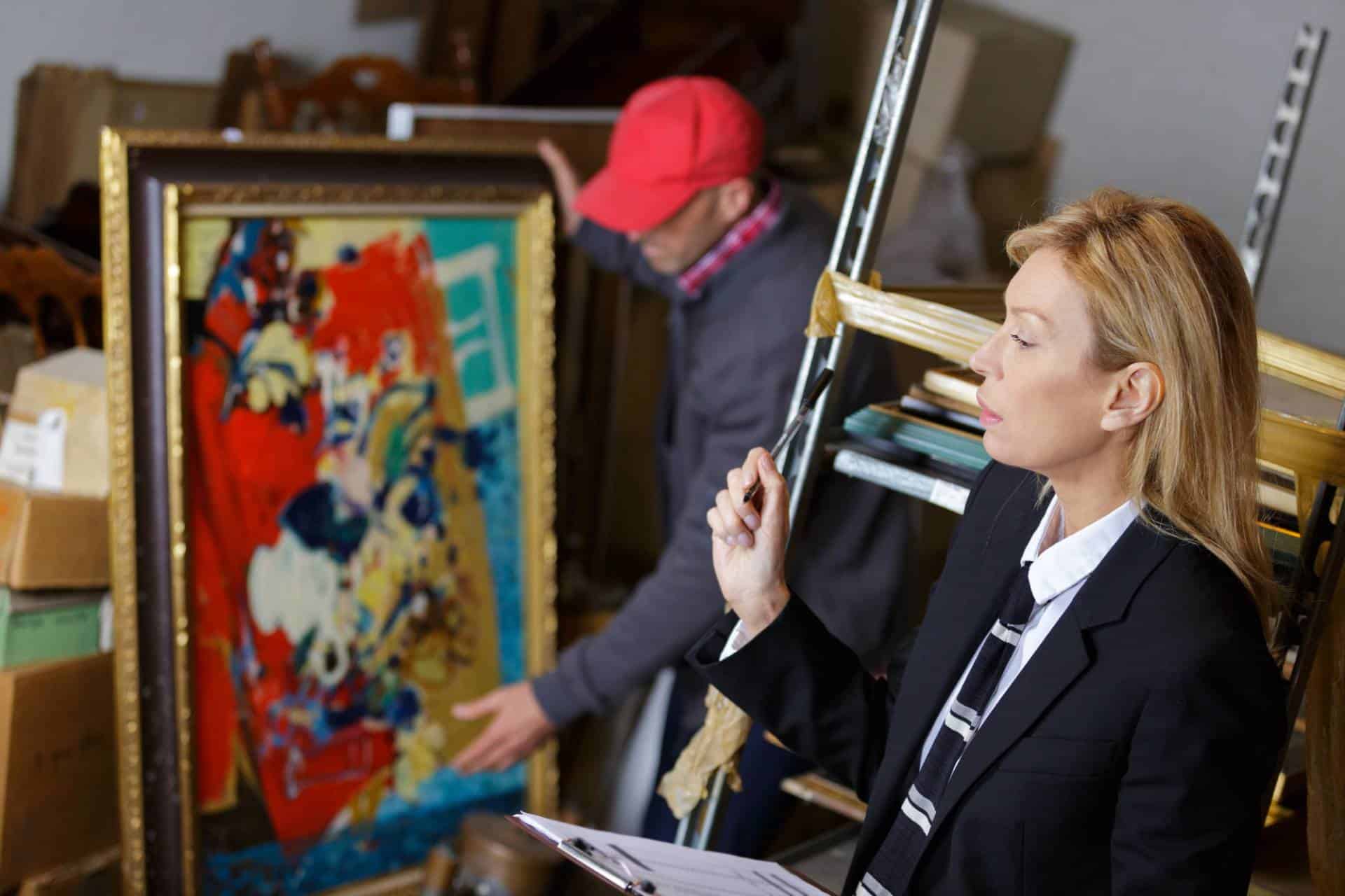 Woman inspecting painting during auction sale.