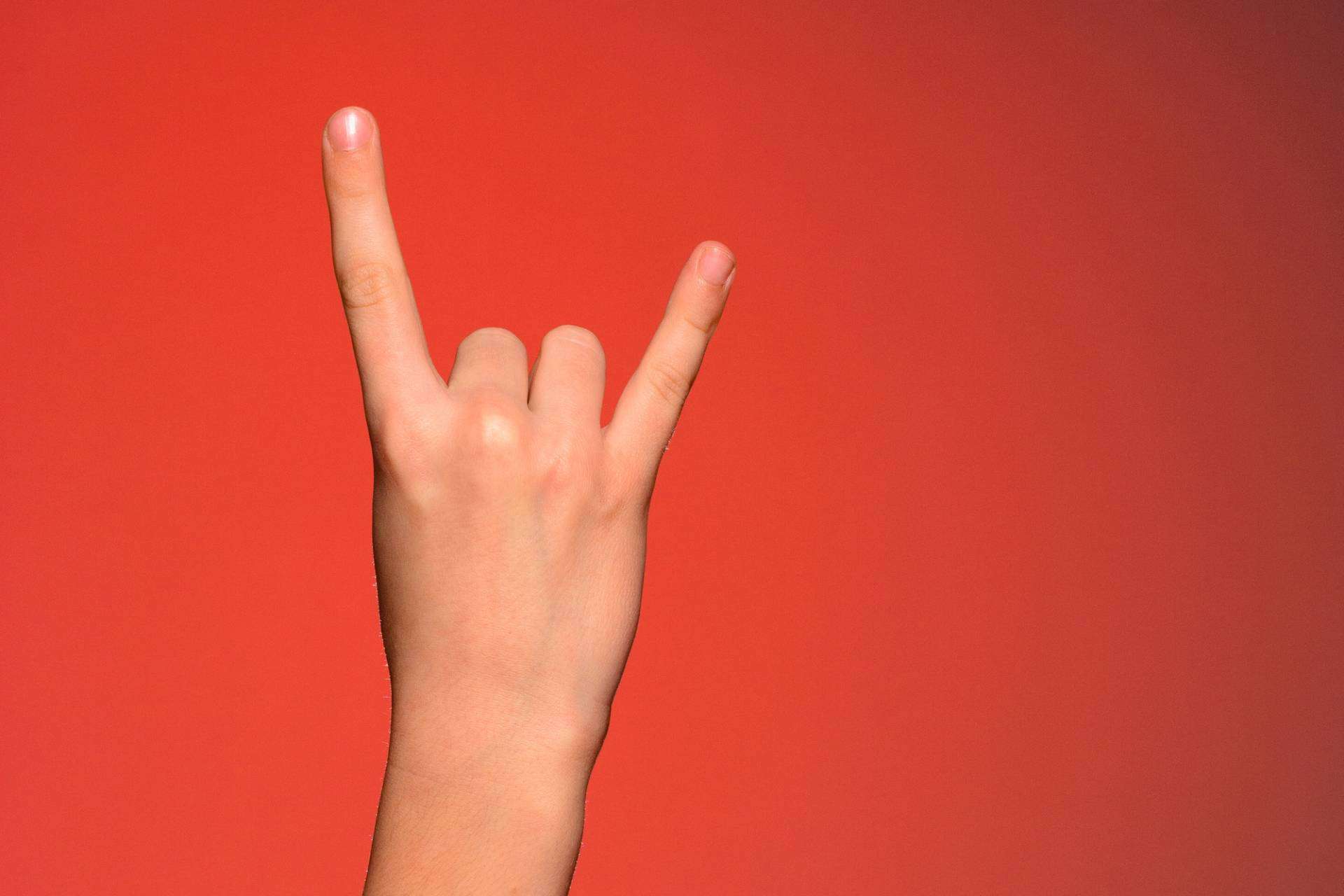 Close-up of a man's hand making the "bullhorns" sign.