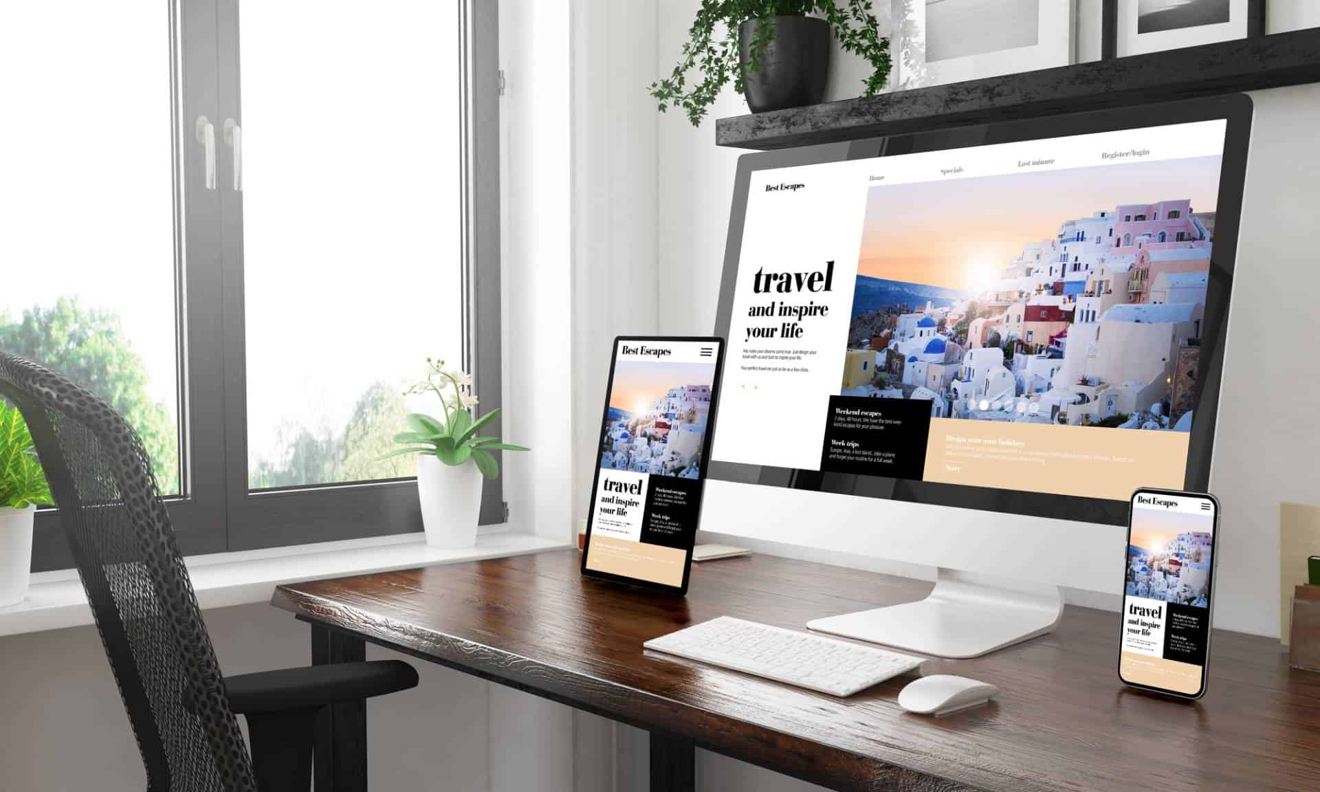 Desktop, tablet and smartphone showing travel blog on wooden desk.