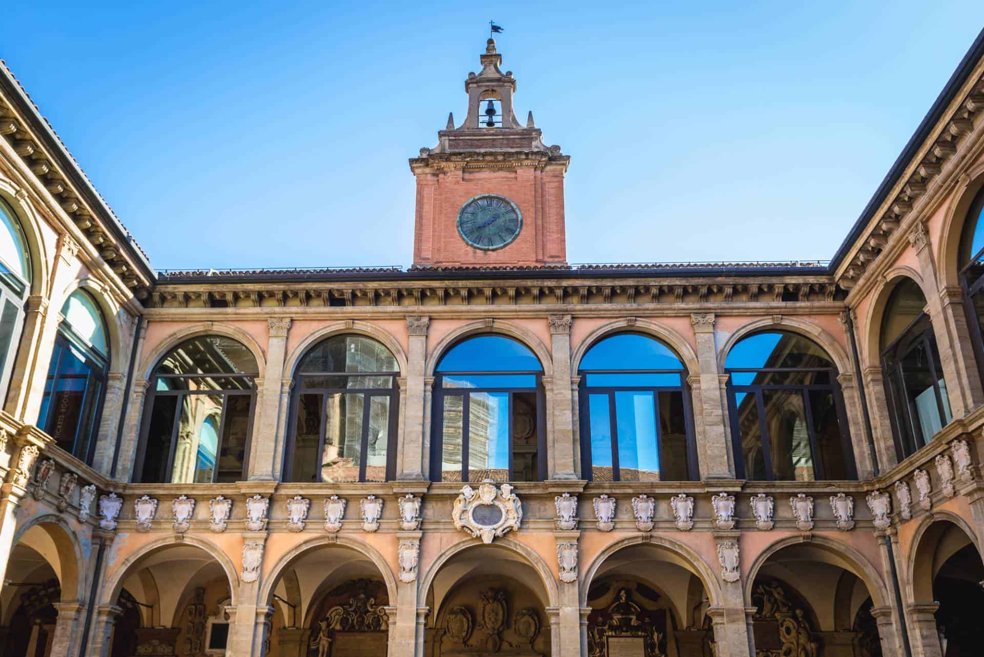 Archiginnasio, University of Bologna's historic main building, in Bologna, Italy.
