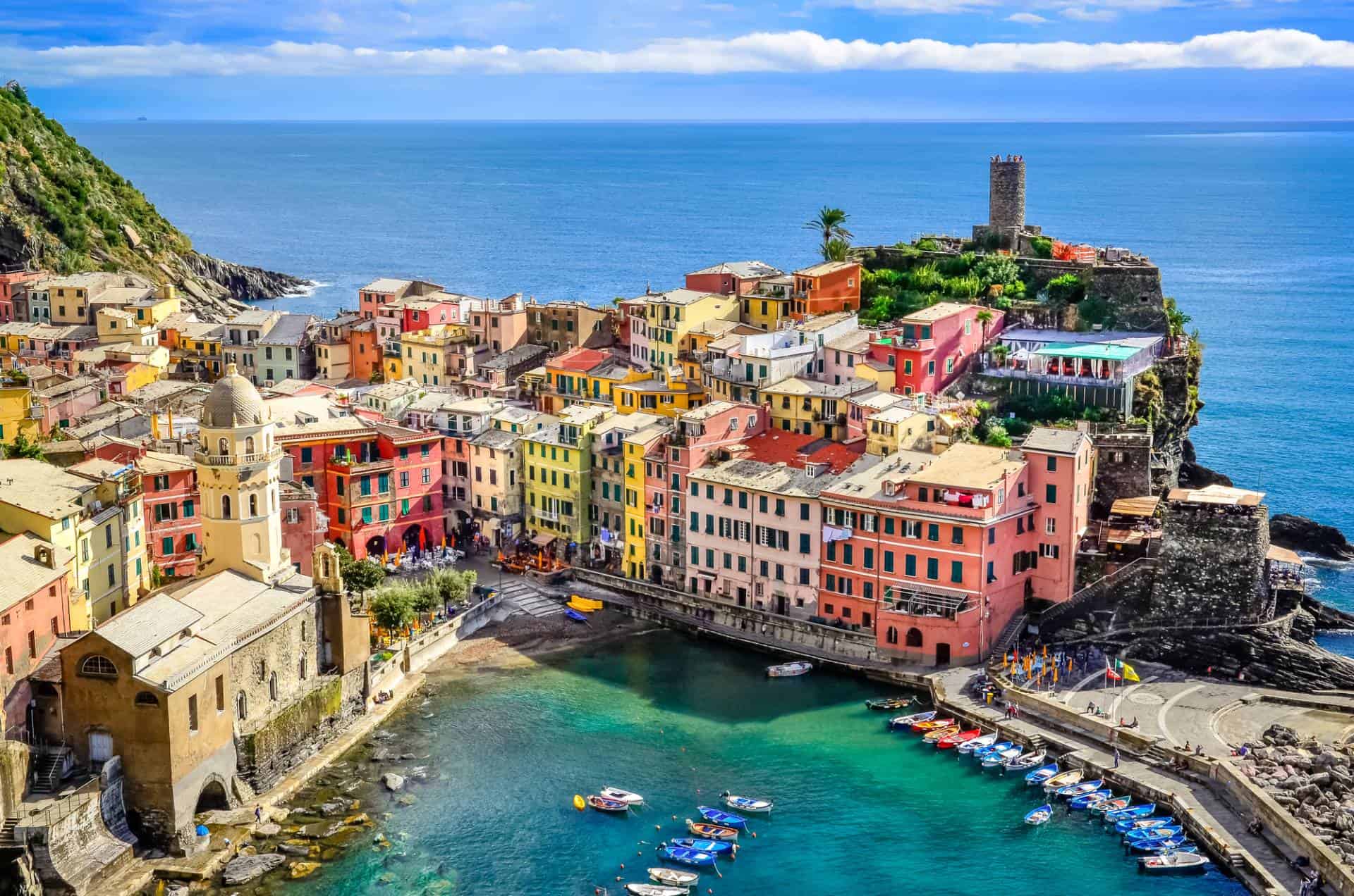 Scenic view of ocean and harbor in colorful village Vernazza, Cinque Terre, Italy.