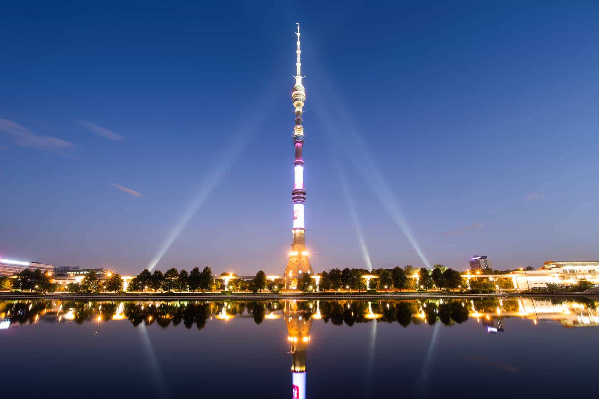 Ostankino Tower, a television and radio tower in Moscow, Russia, illuminated at night.