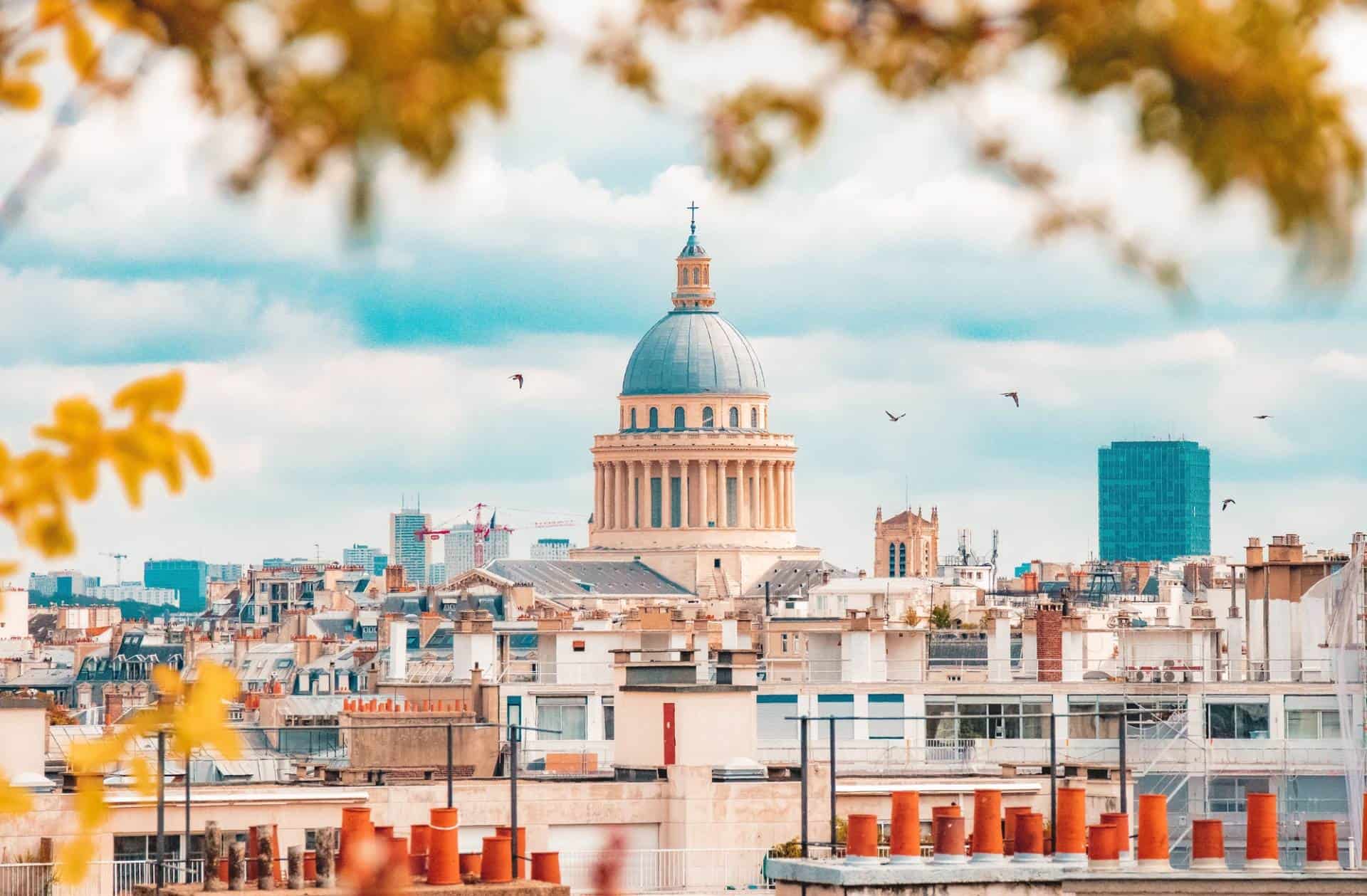 The famous Pantheon of Paris against a blue sky on a sunny day.