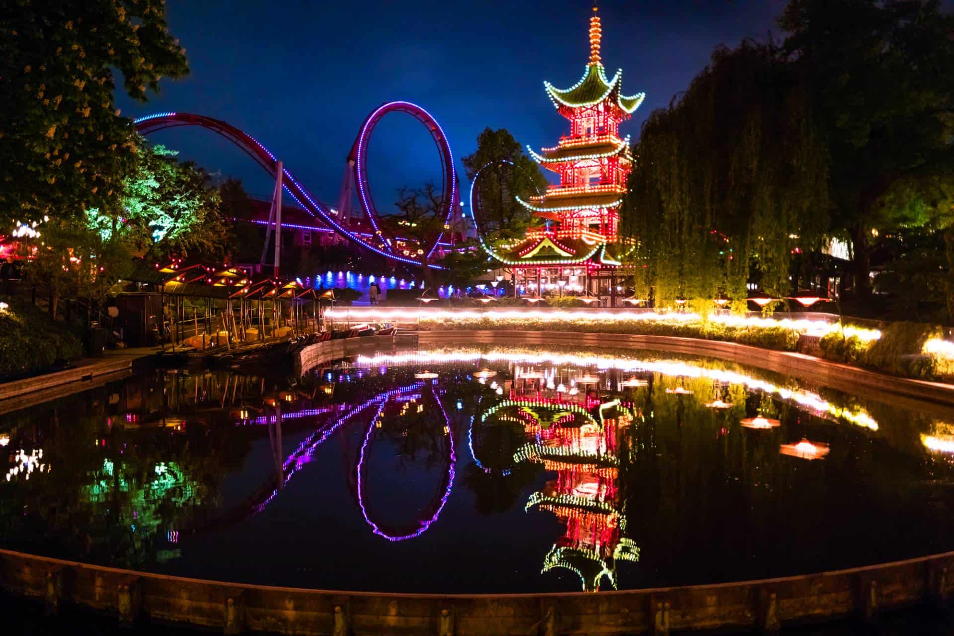 Night view of the amusement park Tivoli Gardens in Copenhagen, Denmark.