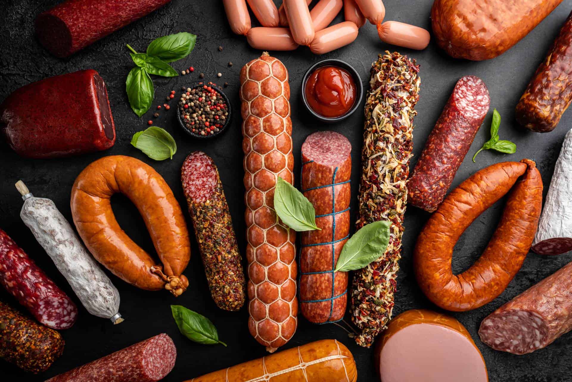 Different types of sausages on a black stone.