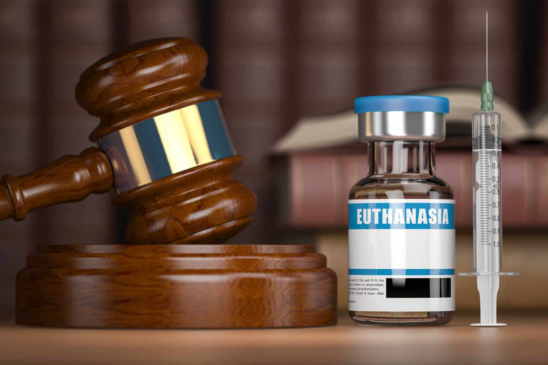 Euthanasia concept - gavel as a symbol of legal system with vial and syringe.