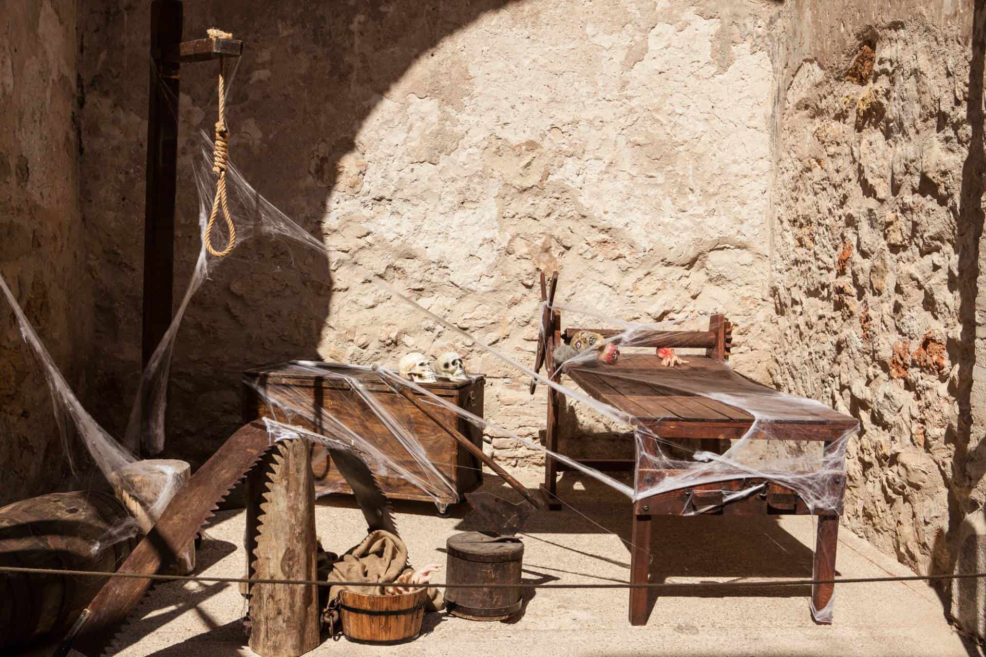 Medieval instruments of torture during the Inquisition in Spain.