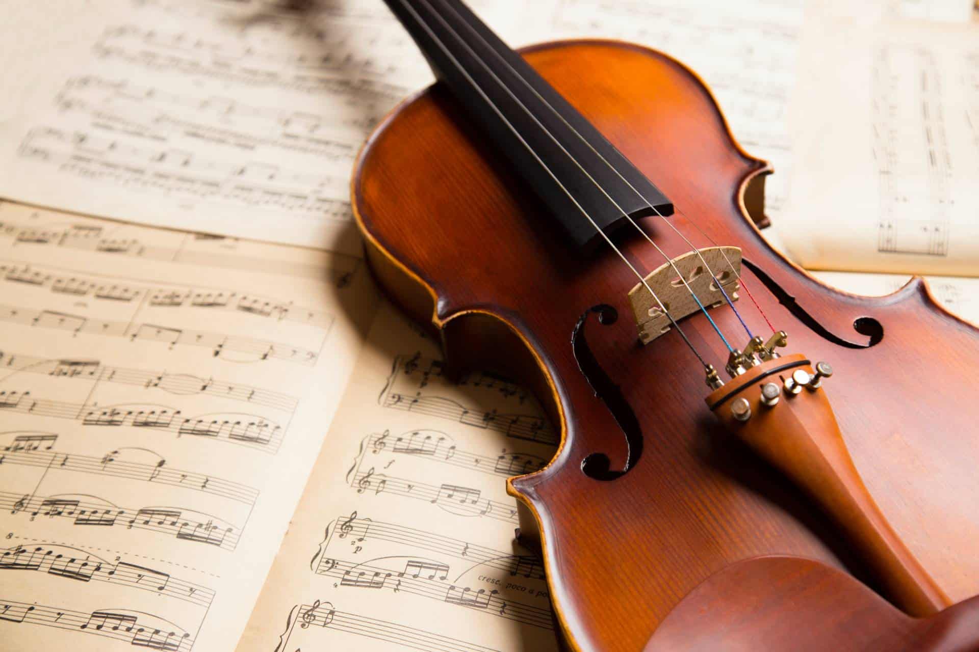 Vintage violin on musical sheets.