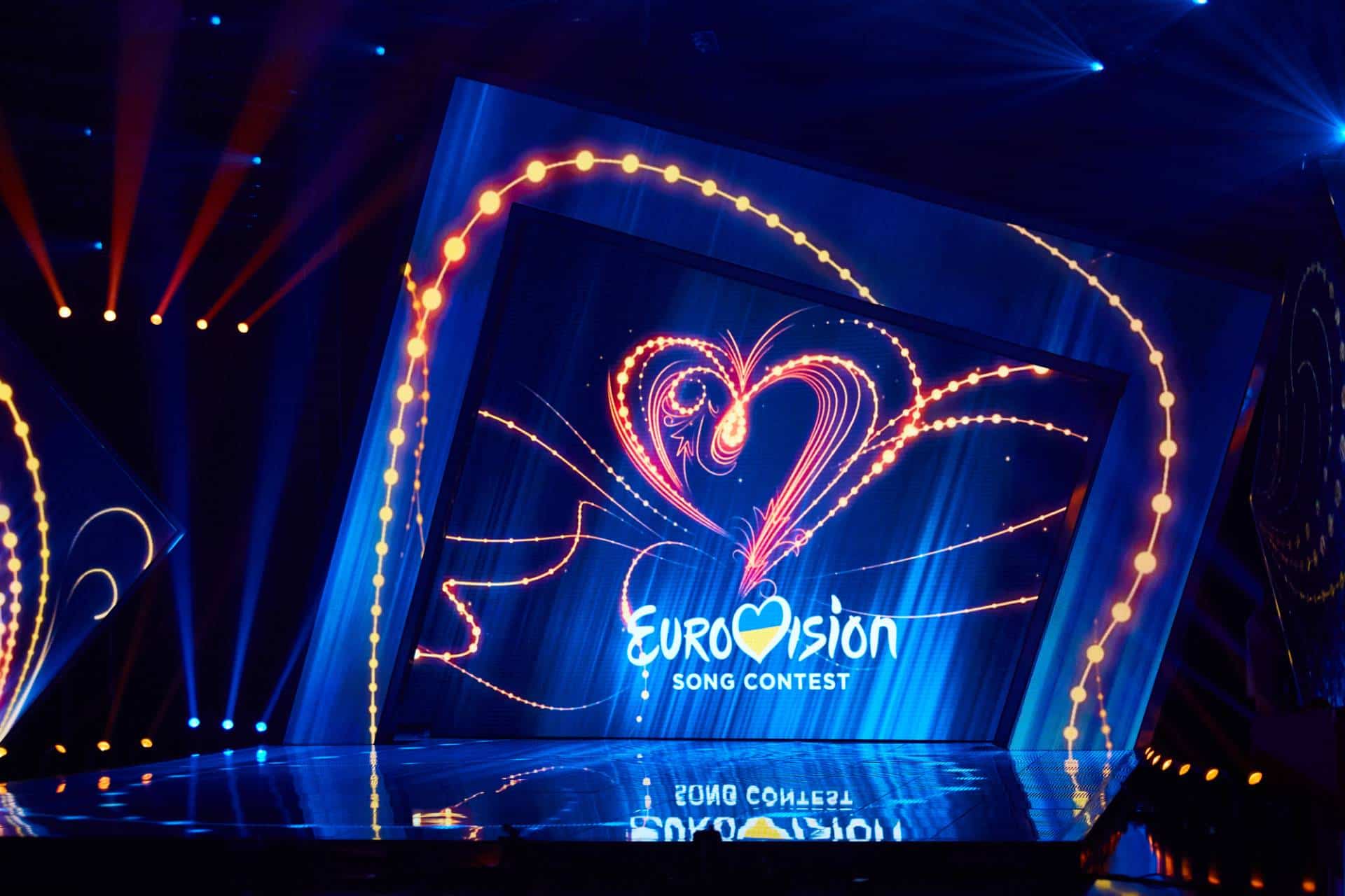 Logo of Eurovision song contest as backdrop of a performance stage.