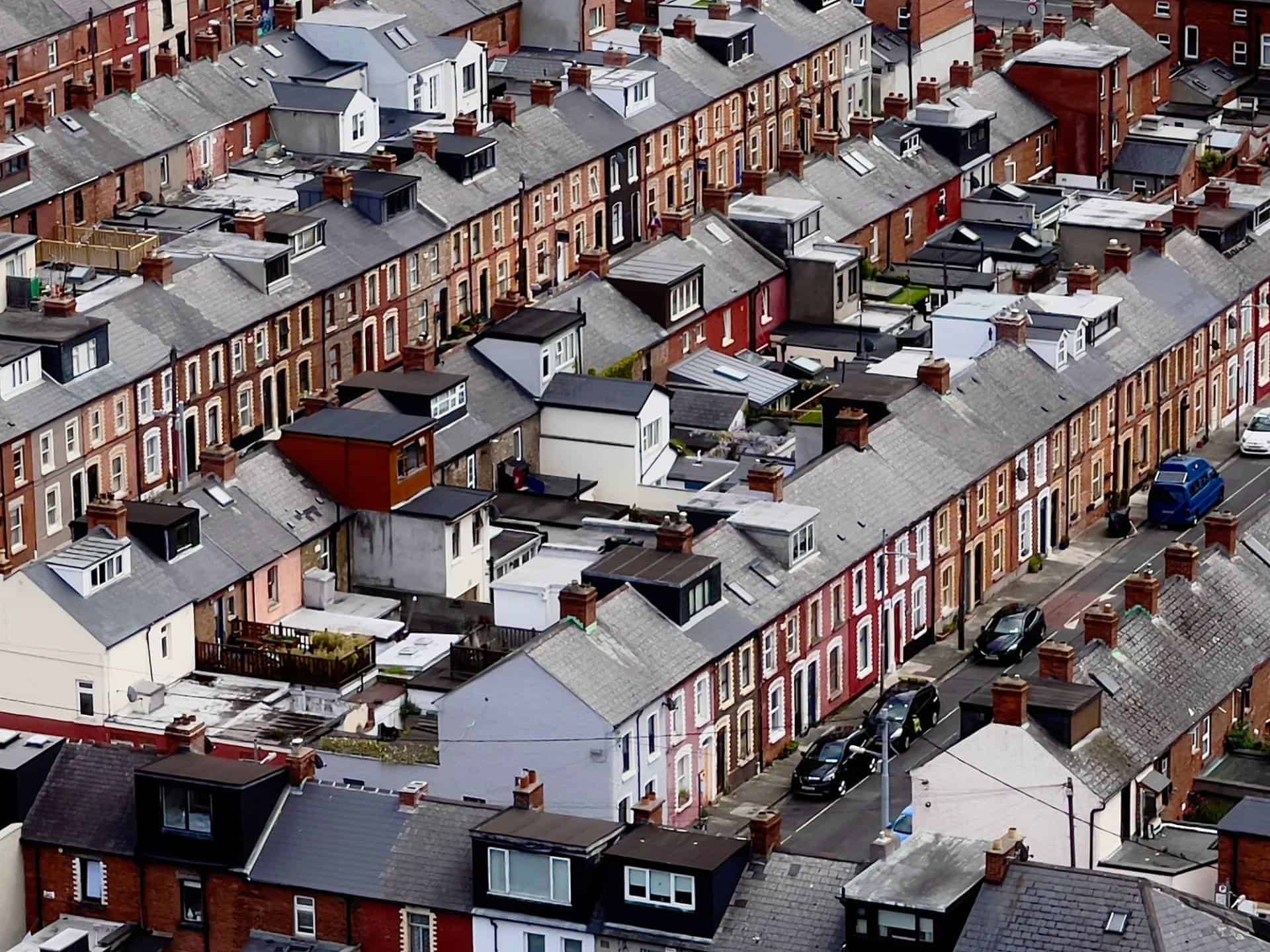 An aerial view of colorful houses in a village in Dublin, Ireland.