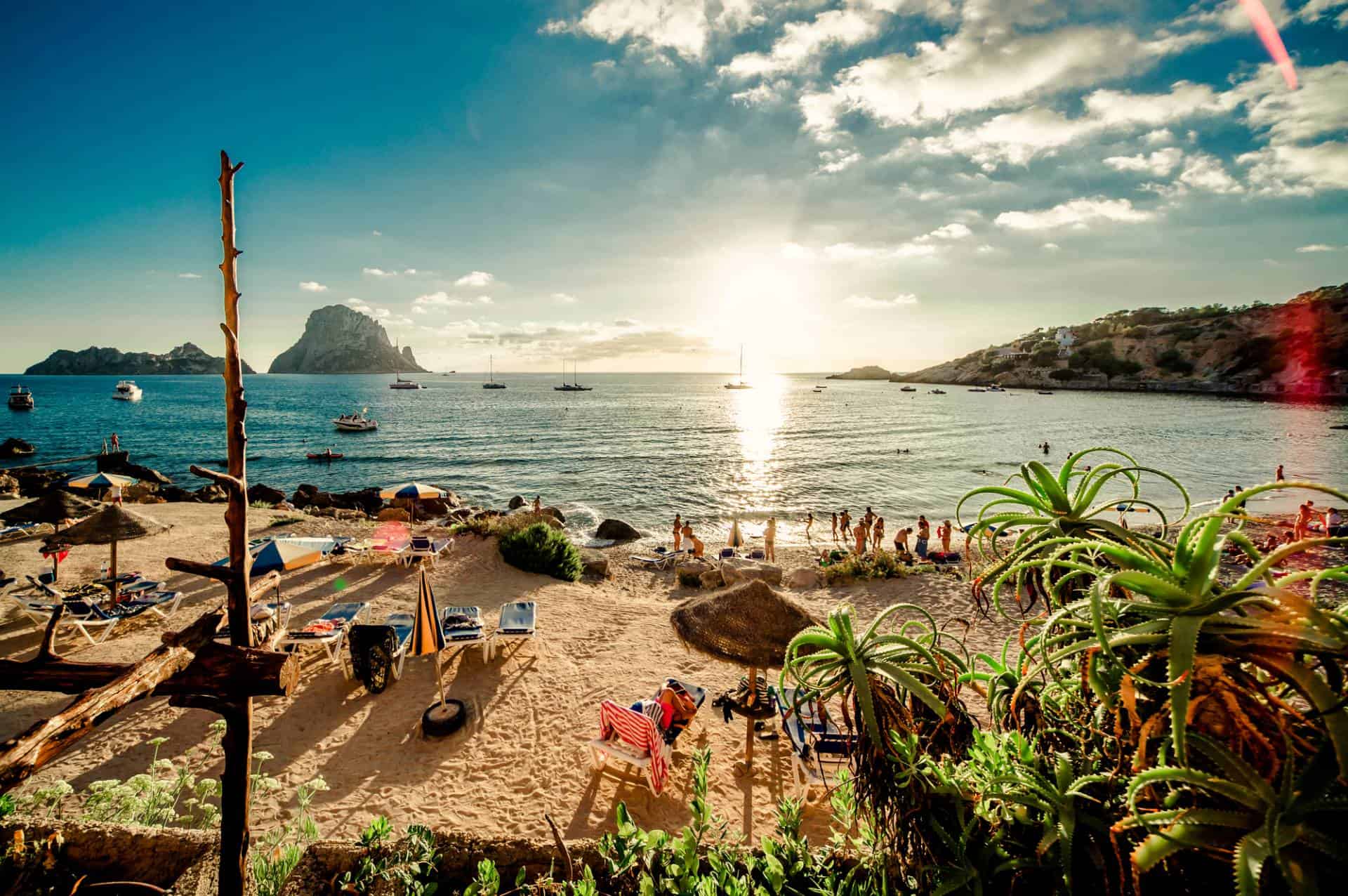 View of Cala d'Hort Beach, Ibiza, Spain on a clear day.