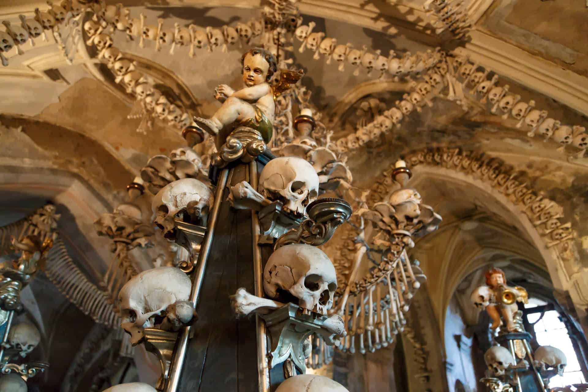 Skulls and bones on display at Sedlec Ossuary