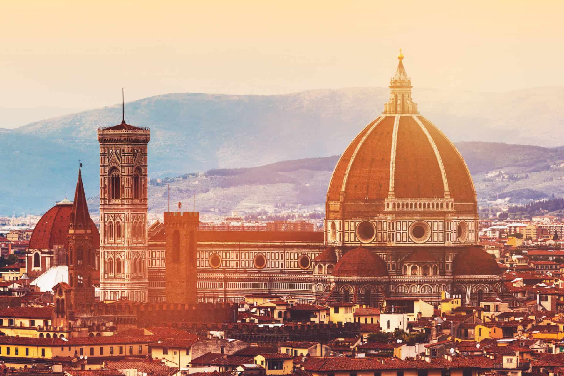 Amazing view of Skyline of Florence in Italy and the Cathedral of Saint Mary of the flowers at sunset