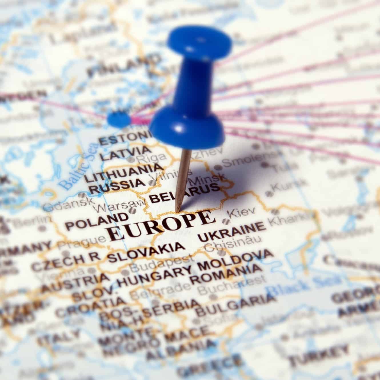 Map with blue thumbtack marking Europe